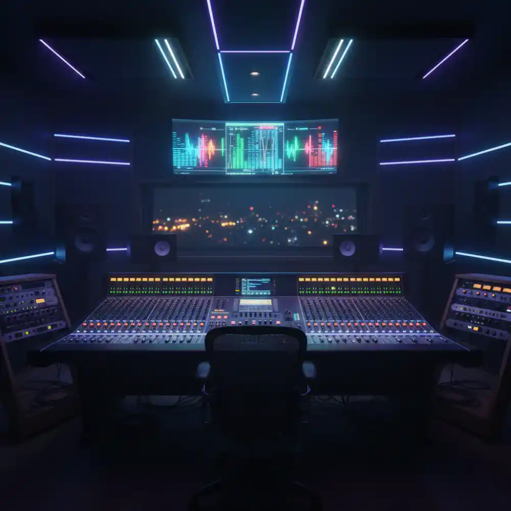Wide shot of the main mixing console in a dark studio setting
