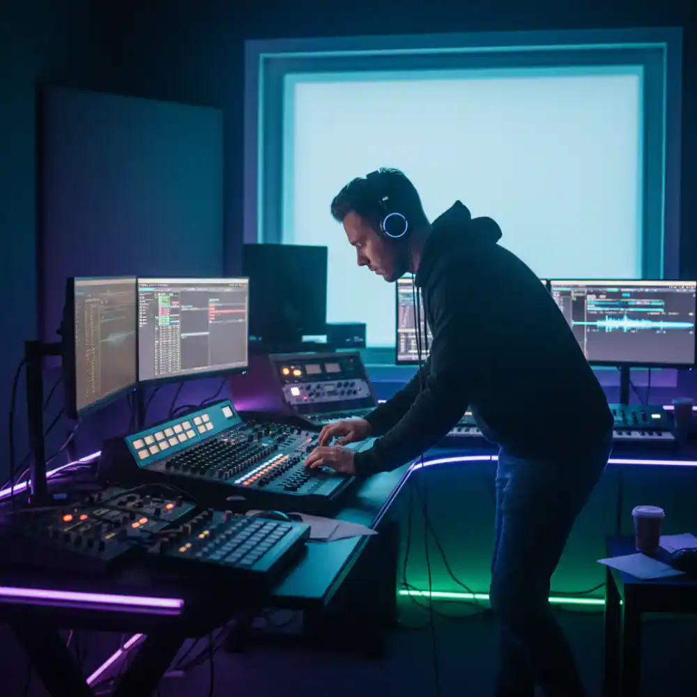 Producer working intently at a studio desk