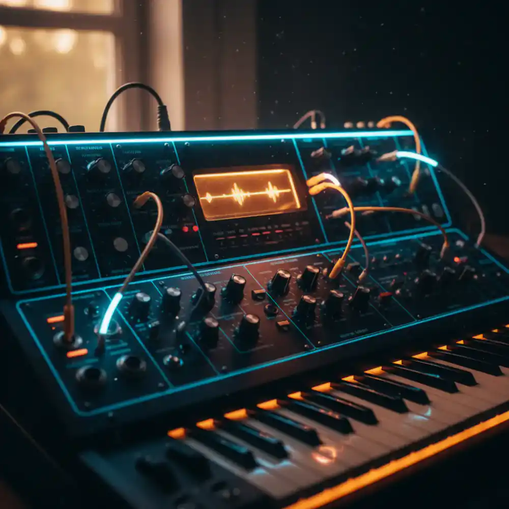 Close up of a vintage analog synthesizer